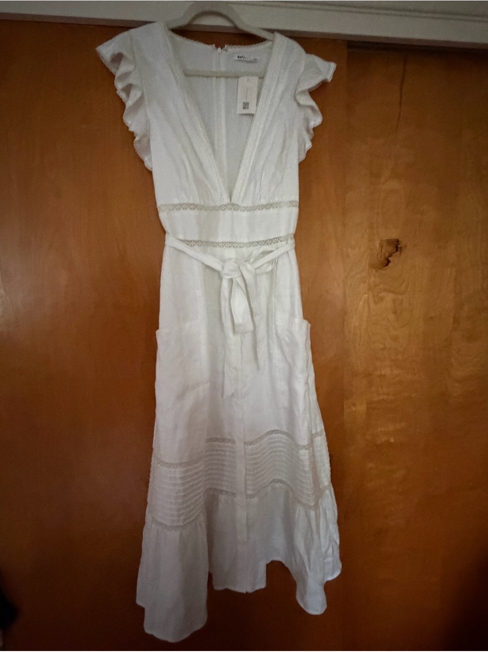 NWT Reformation White Linen Lucila V-Neck Maxi Dress with Tie Waist